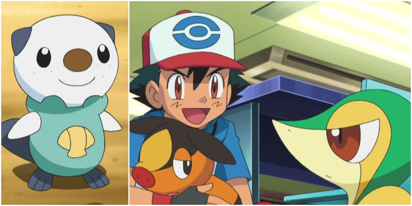 The Unova starter Pokémon in the anime, Oshawott, Snivy and Ash holding Tepig