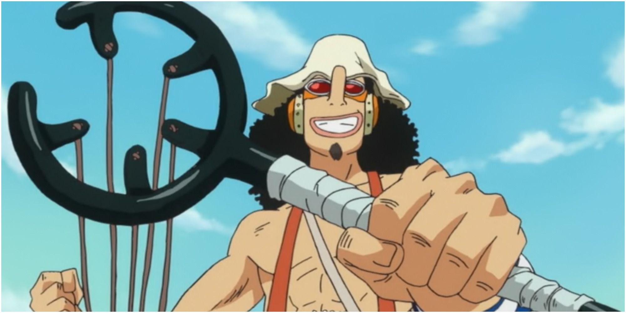 Usopp, the sniper of the Straw Hat Pirates, using his slingshot After One Piece's Time Skip