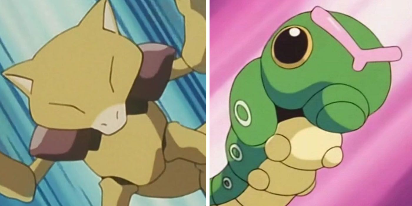A split image of Hypno and Caterpie Pokémon, from the anime