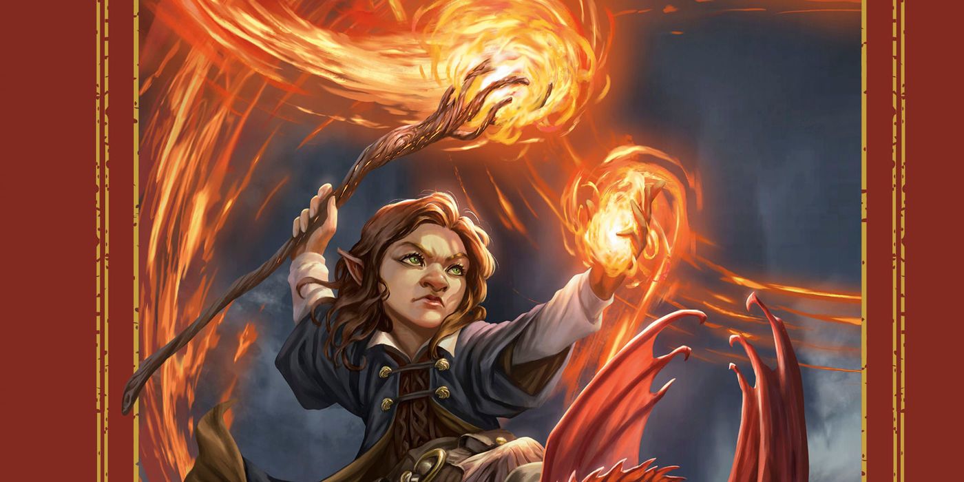 A gnome wizard casts fire with her staff.