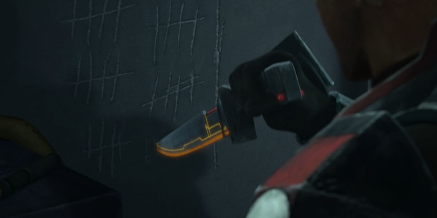Wrecker using a knife to carve tallies on a wall in Star Wars: The Bad Batch