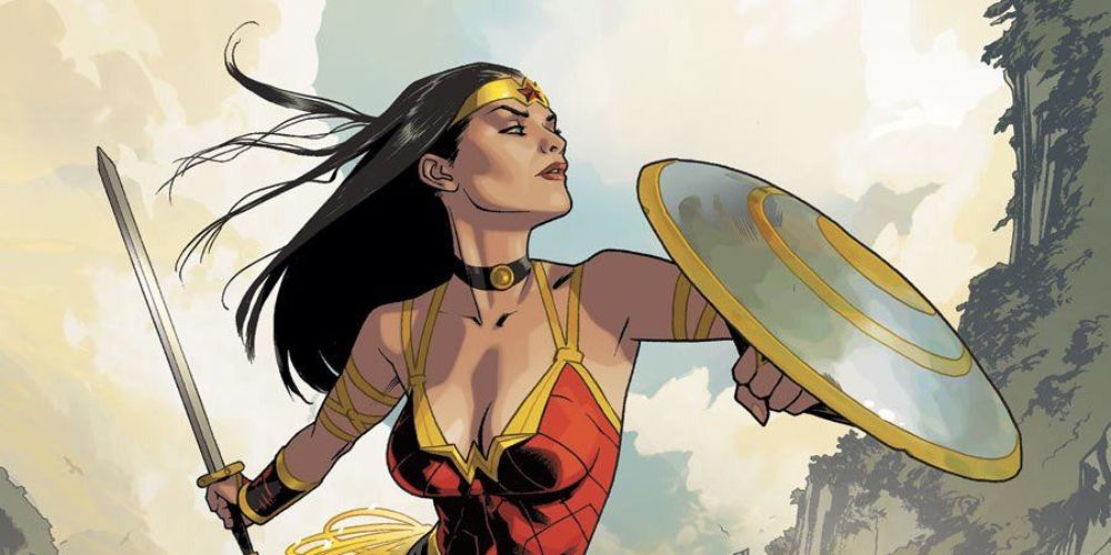 Wonder Woman holding a shield and sword