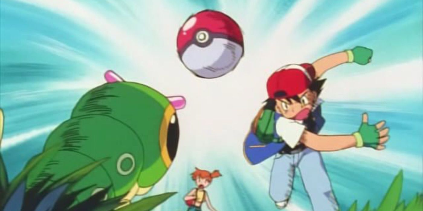 Ash catches a Caterpie in Pokemon anime