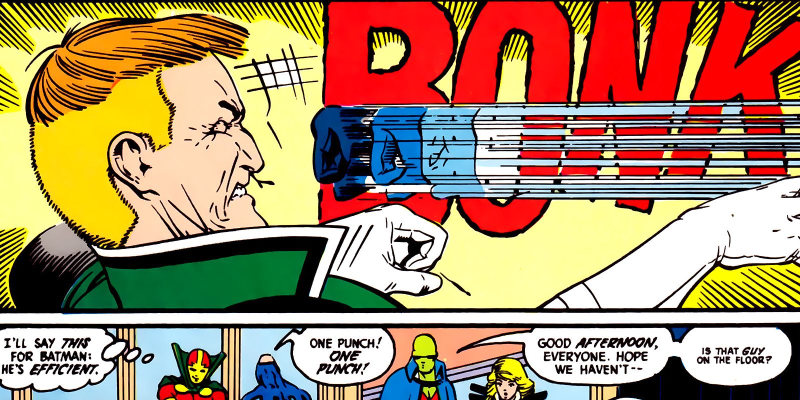 Batman wallops Guy Gardner and lays him out flat with a single punch. The rest of DC's JLI laughs in the background.