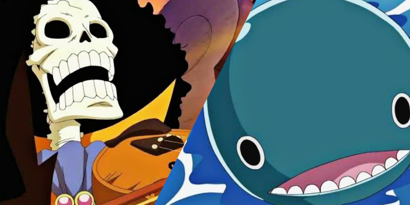A split image depicts Brook and Laboon in One Piece.