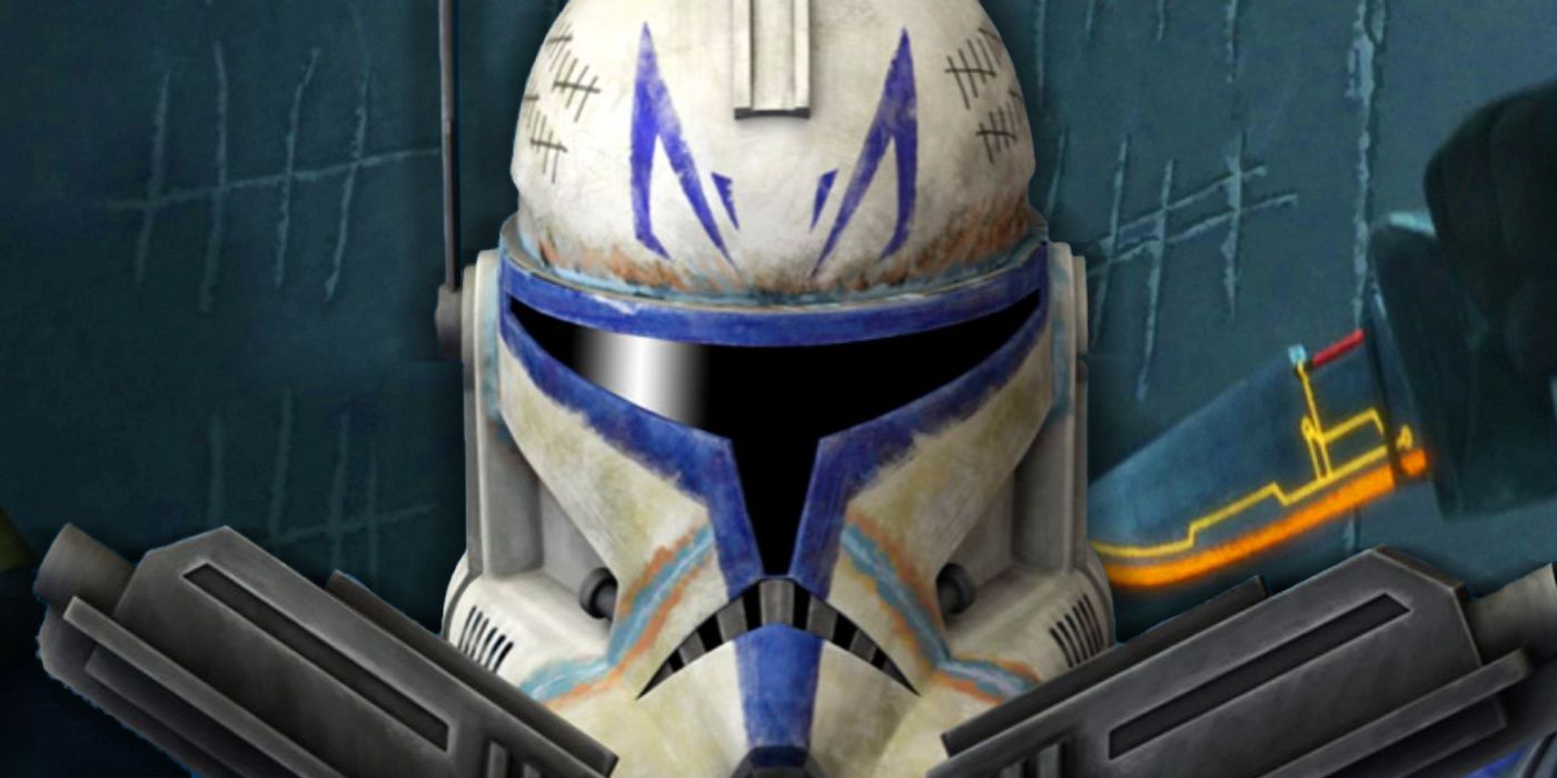 Star Wars' Captain Rex wielding two blasters in front of a wall of tally marks