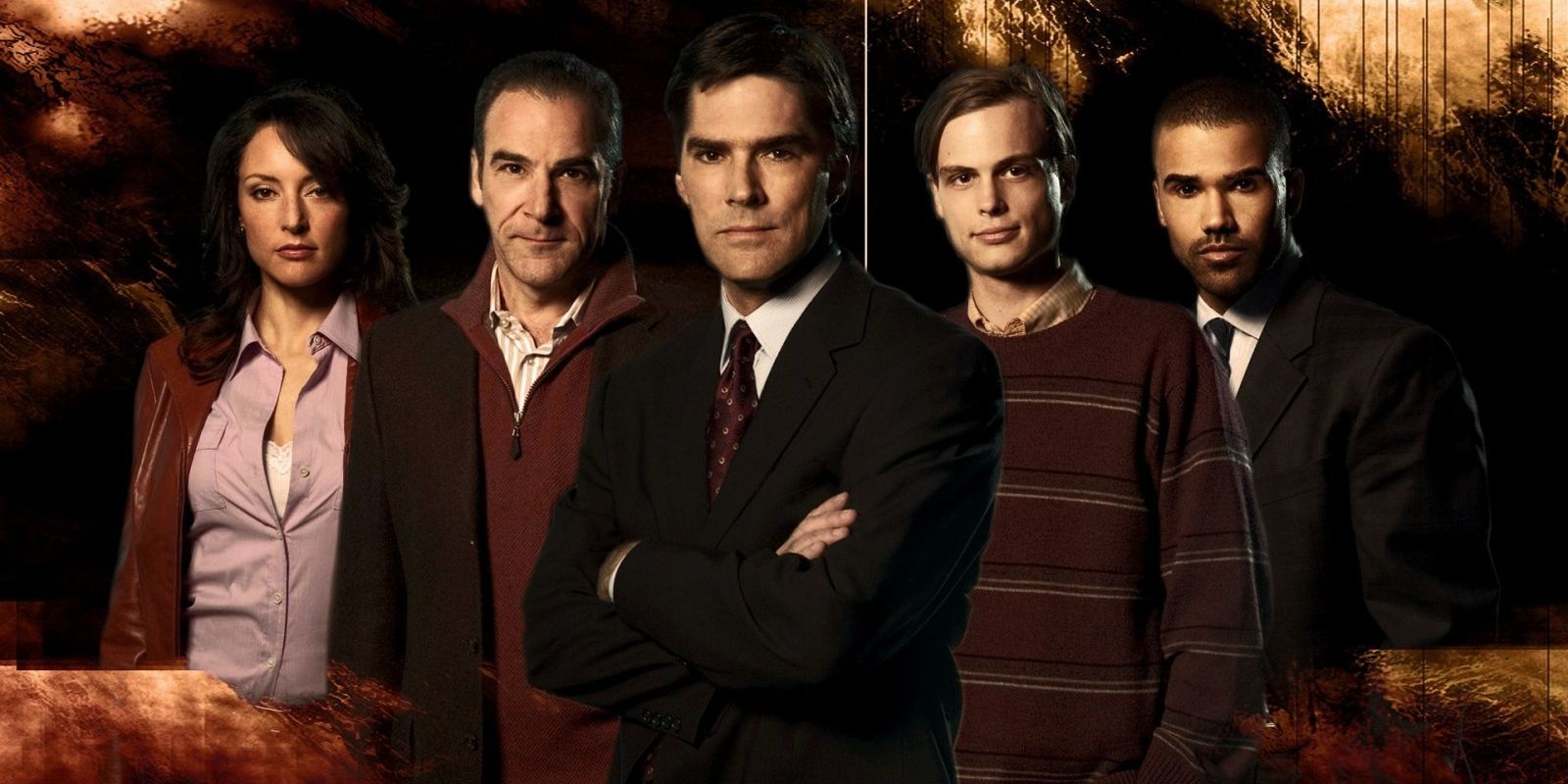 Season 1 line up of Criminal Minds characters Elle, Gideon, Aaron, Spencer, and Derek