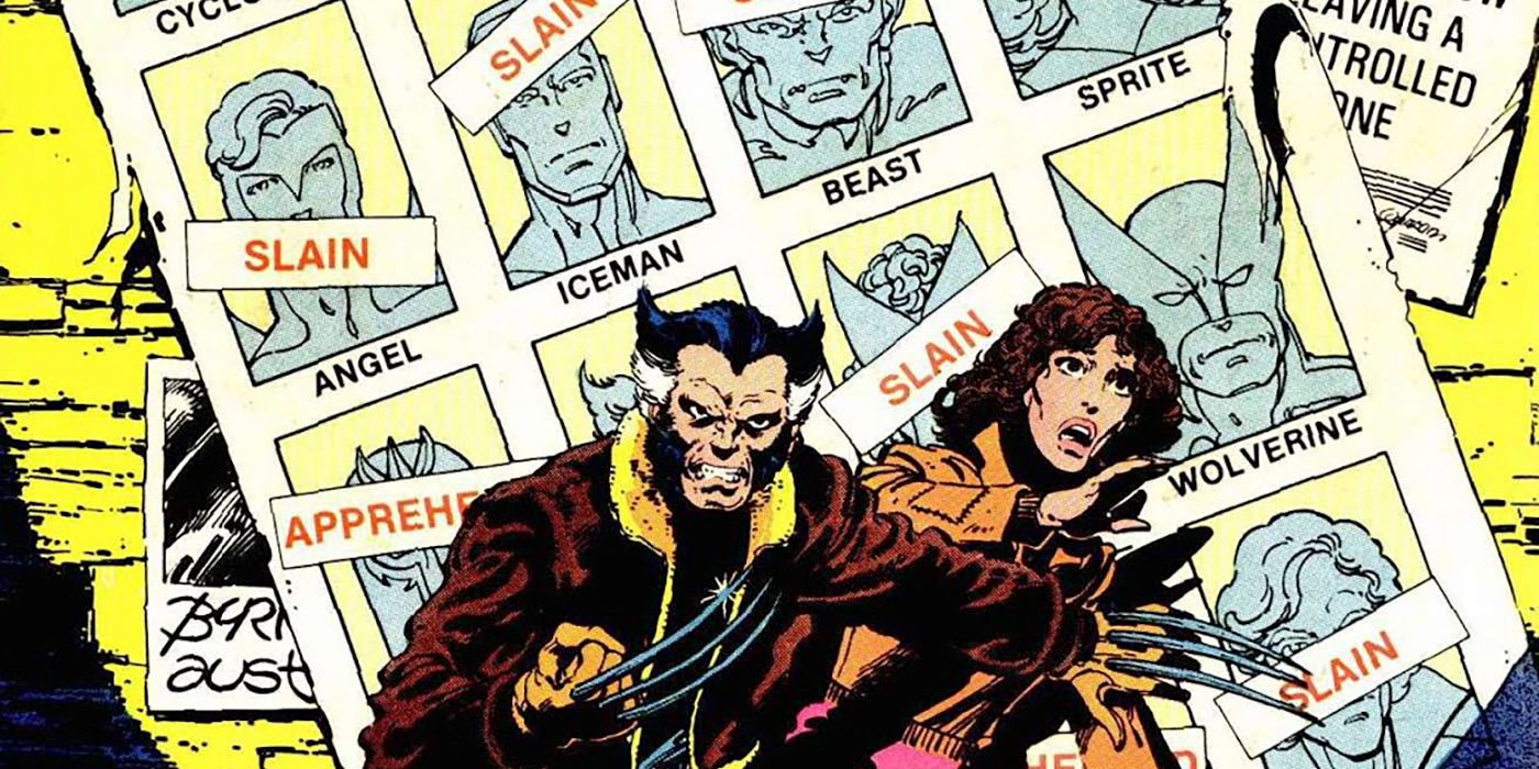 Wolverine and Kitty Pryde stand in a spotlight in front of a wall of wanted posters that declare members of the X-Men dead or captured. She looks frightened, he looks ready to fight.