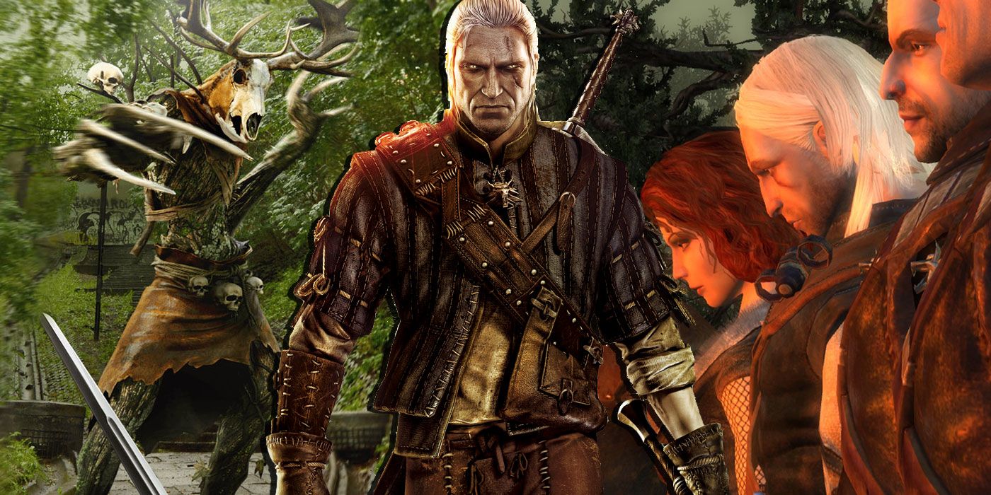 Geralt of Rivia from the Witcher 2 between a monster from the Witcher 3 and Geralt and Triss from The Witcher