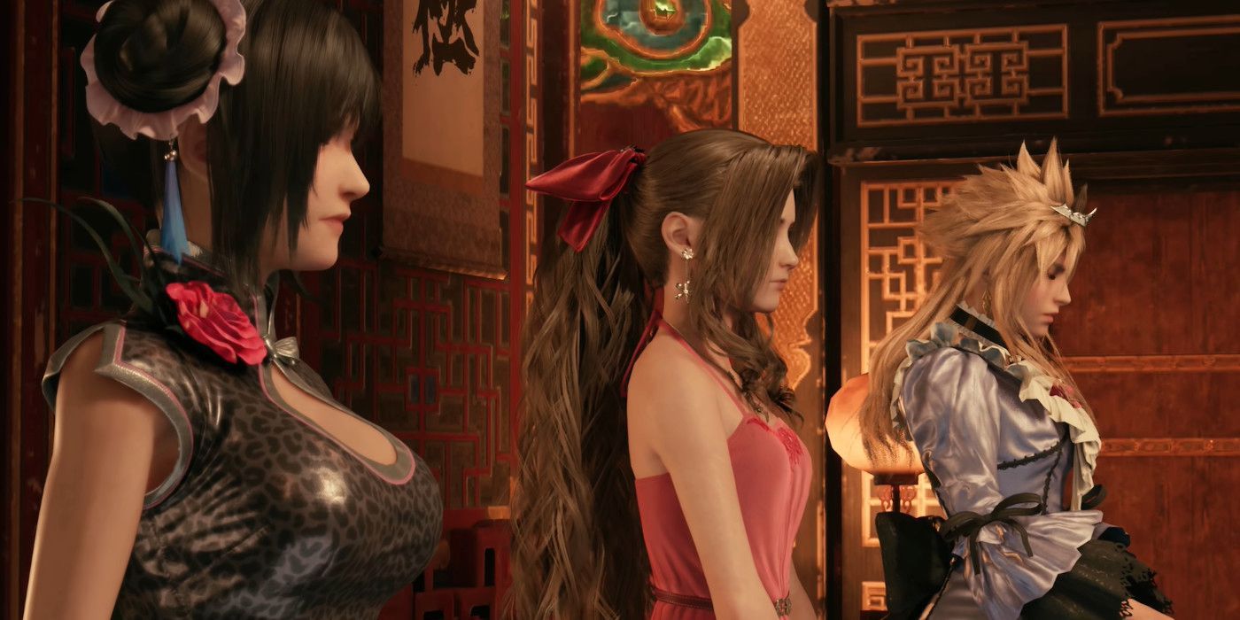 Tifa, Aerith e Cloud no palco usando vestidos