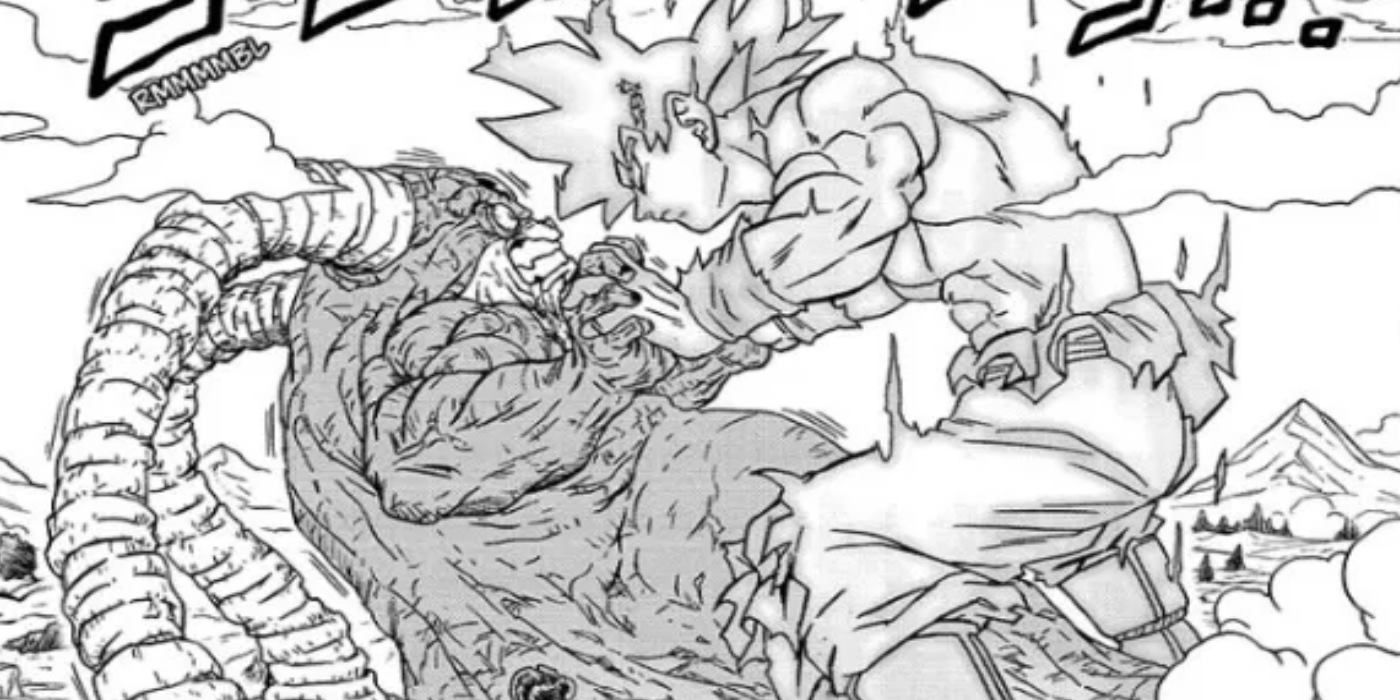 Goku's energy avatar in Ultra Instinct state fights Moro in Dragon Ball Super manga