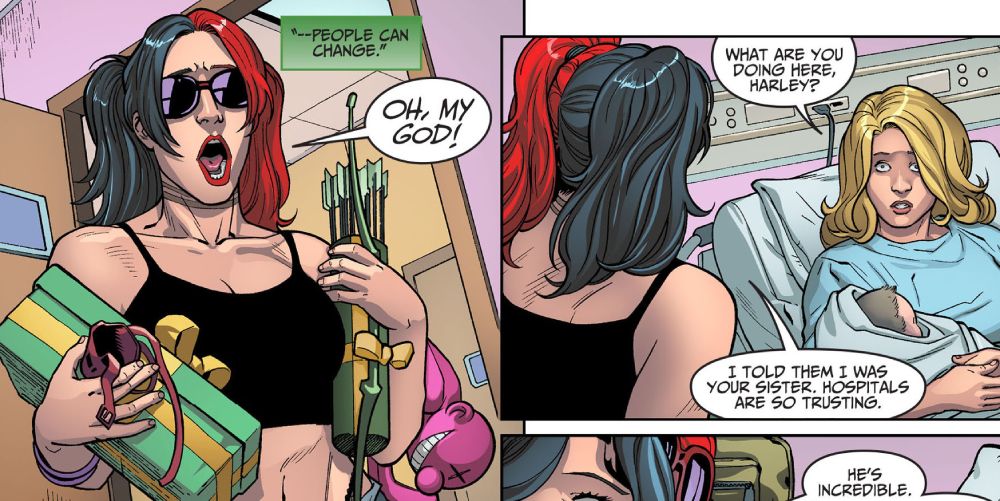 Injustice Harley Quinn surprises Black Canary and her new baby