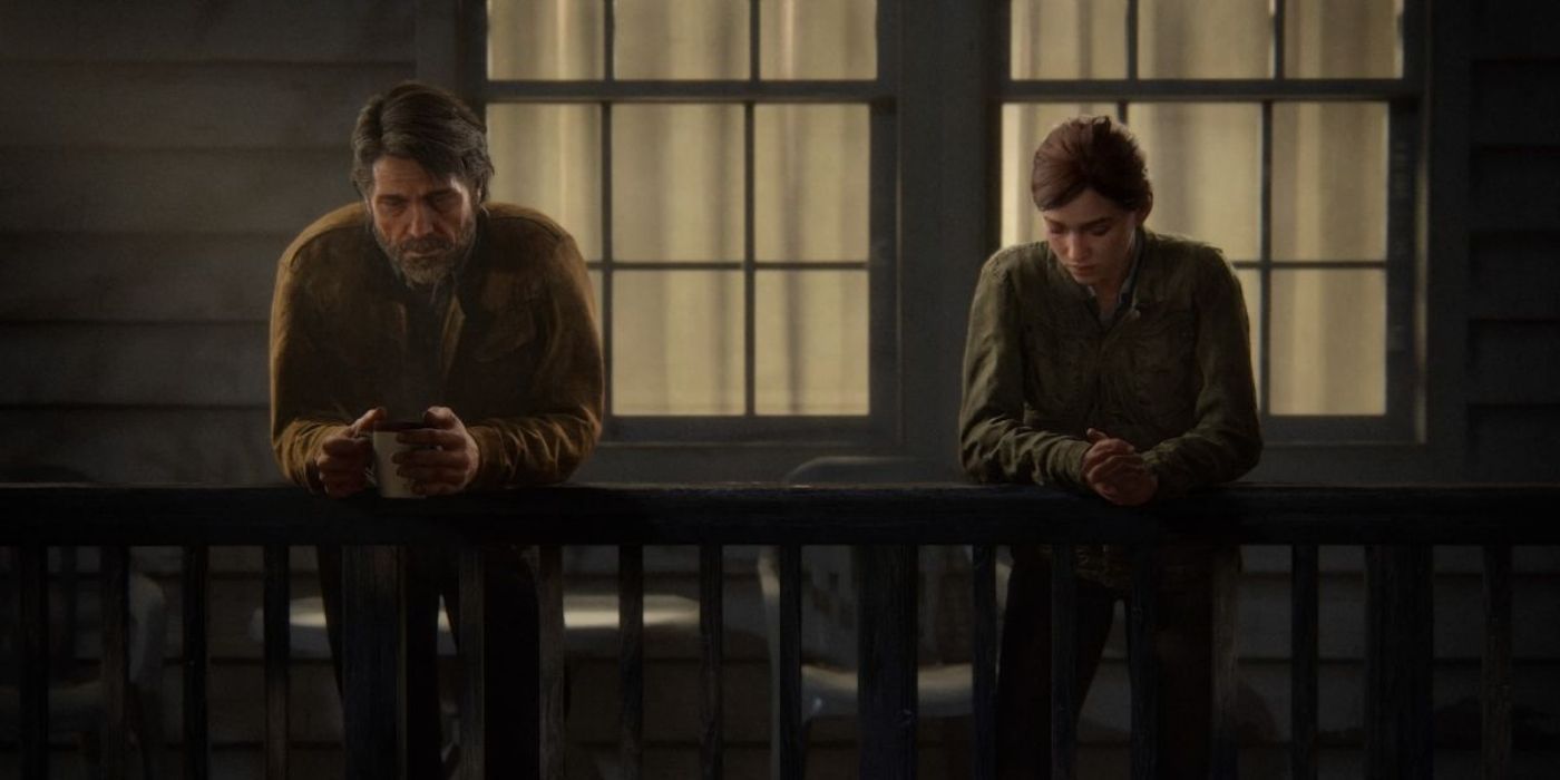 Joel and Ellie standing on the porch at the end of The Last of Us Part II
