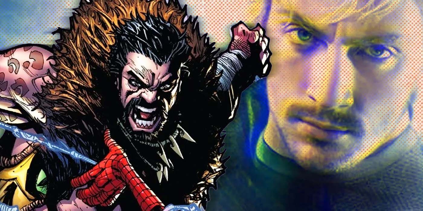 Aaron Taylor-Johnson as Quicksilver next to Kraven from Marvel Comics.