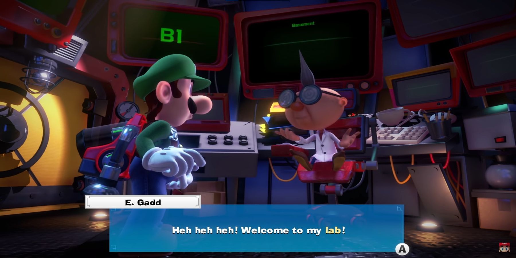 Professor E. Gadd conversando com Luigi em Luigi's Mansion 3