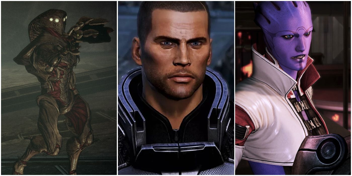Mass Effect split image of Commander Shepard and other characters from the series.