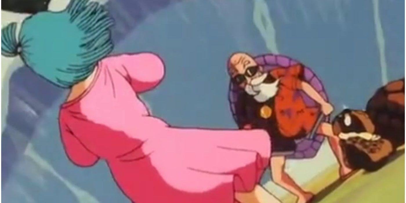 Bulma e Mestre Roshi em Dragon Ball.