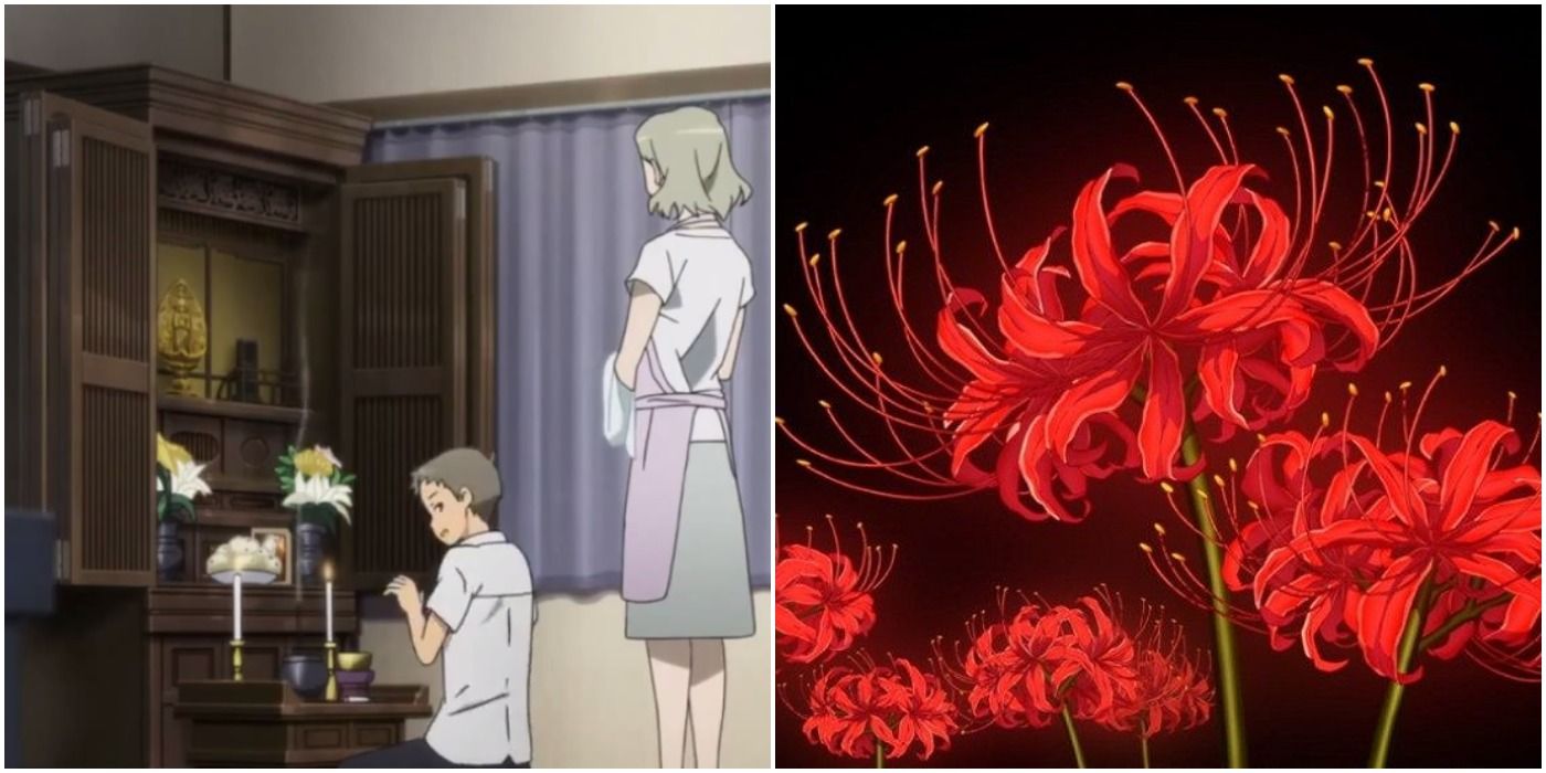 menma butsudan in anohana and red spider lilies higanbana split image