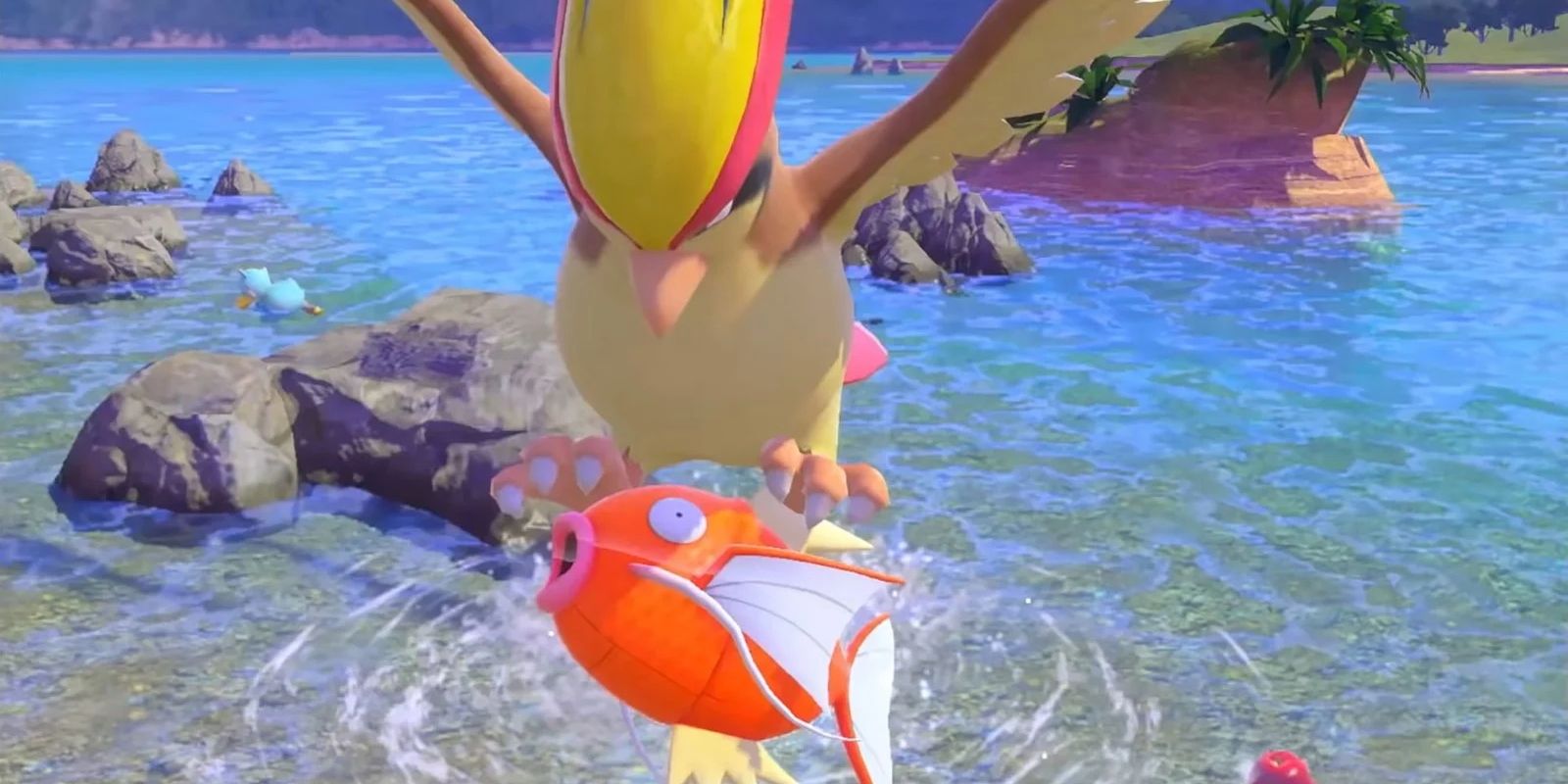 A Pigeot grabs a Magikarp from water in New Pokemon Snap