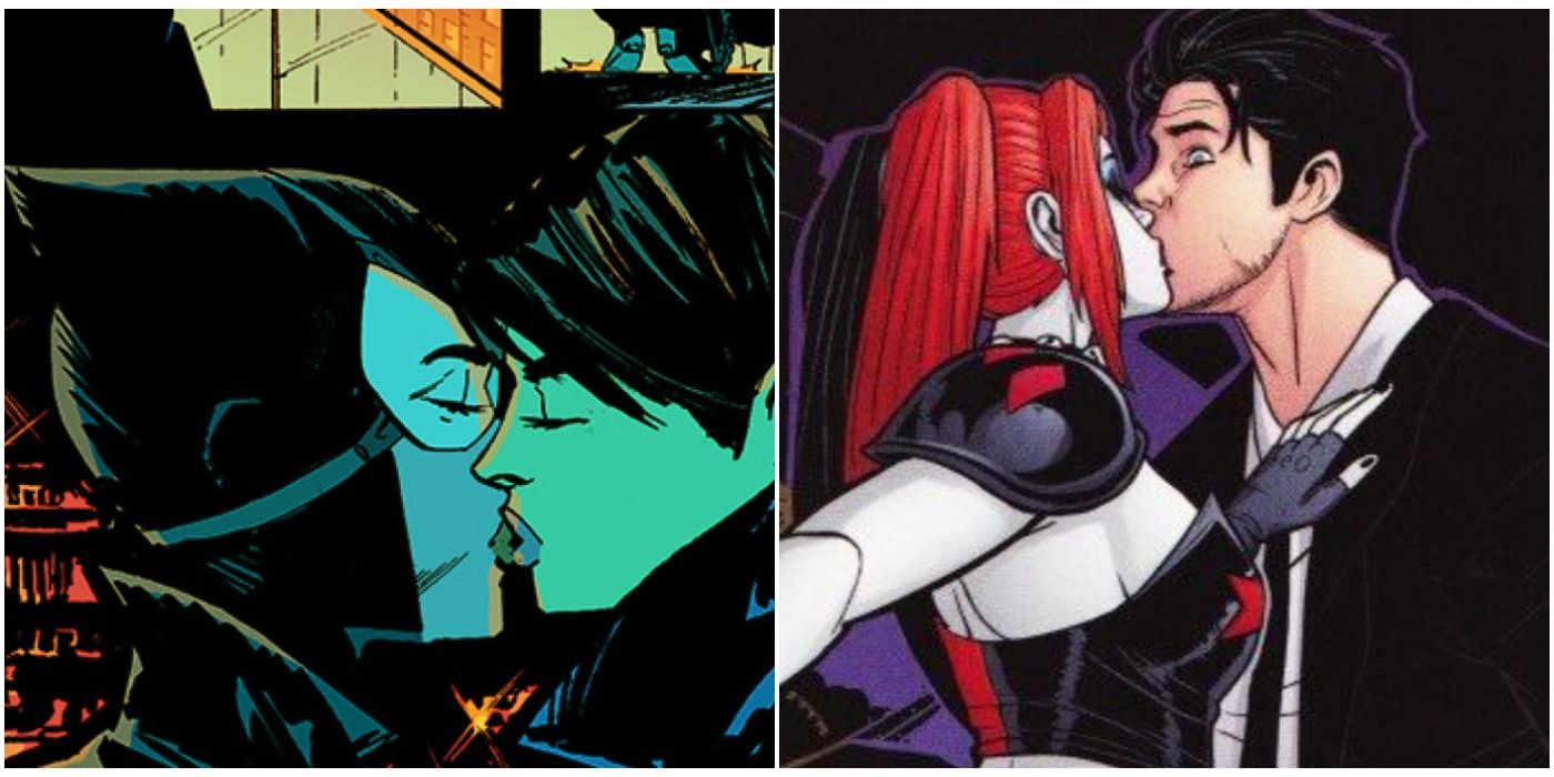 A split image of DC characters kissing.