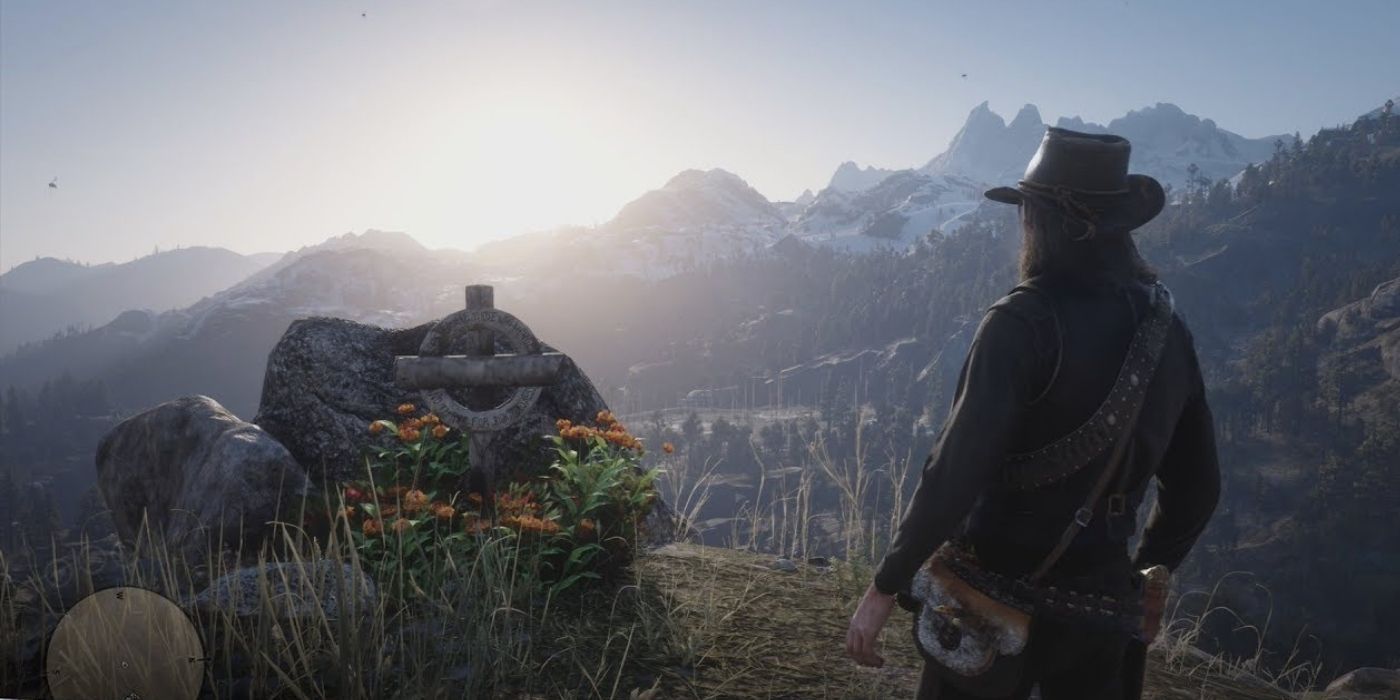 John Marston looks at Arthur Morgan's grave in Red Dead Redemption 2