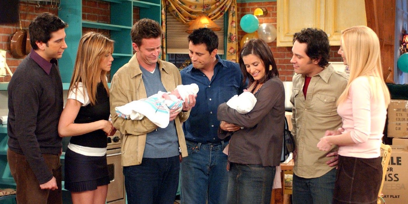In the Friends finale, Monica and Chandler introduce their newborn twins to the rest of the gang.