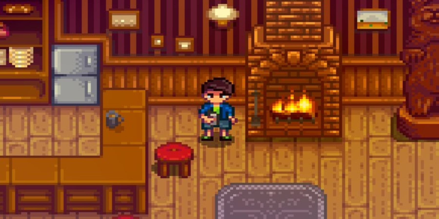 Shane in the saloon drinking Joja Cola next to the fire