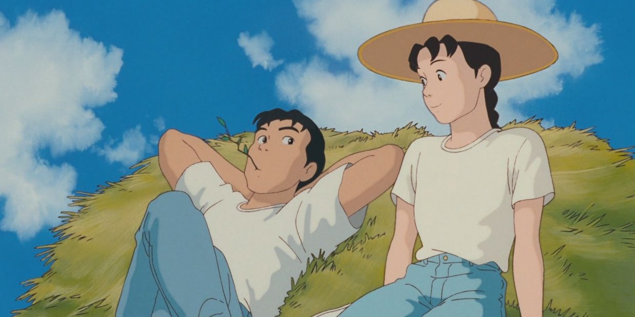 Taeko and Toshio sit on hay and talk from Only Yesterday