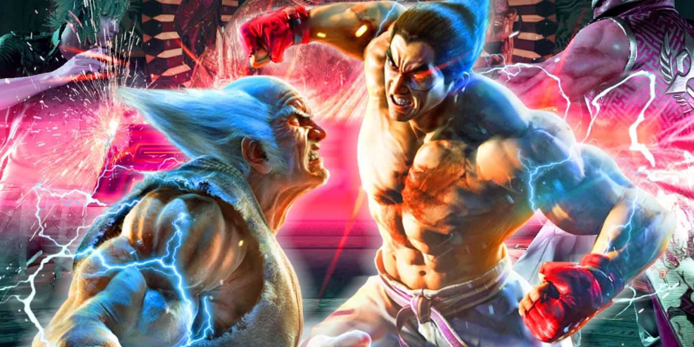 An image of promotional art for Tekken 7, featuring two characters locked in heated combat