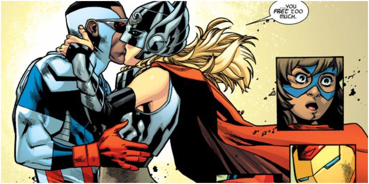 Jane Foster's Thor kisses Sam Wilson's Captain America