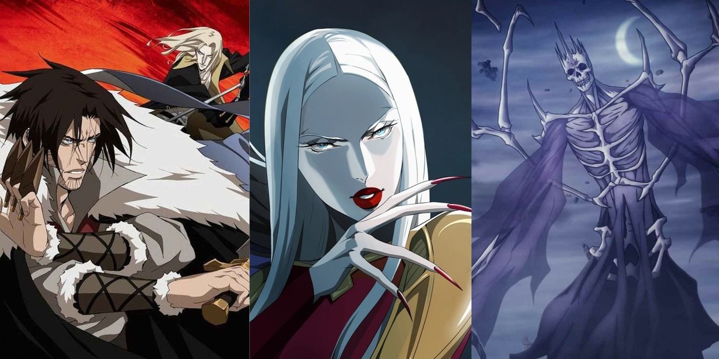 Most powerful main chars in Castlevania, split image, Trevor and Alucard, Carmilla, Death