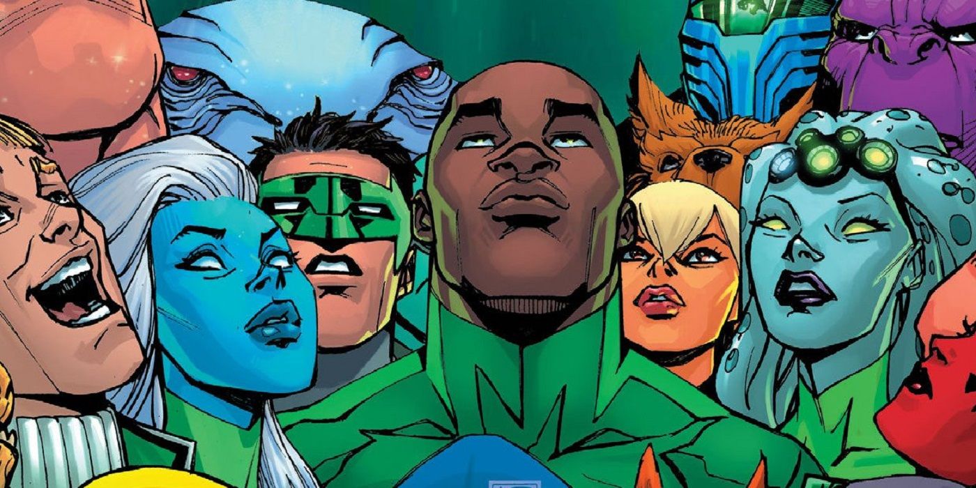 The full Green Lantern corps team standing together