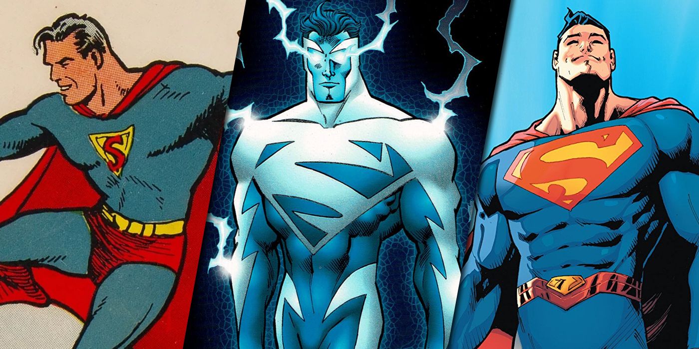 Different versions of Superman in various costumes.