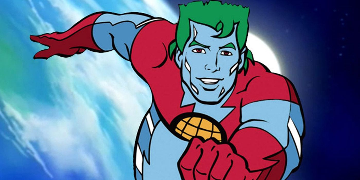 A shot of Captain Planet soaring into action