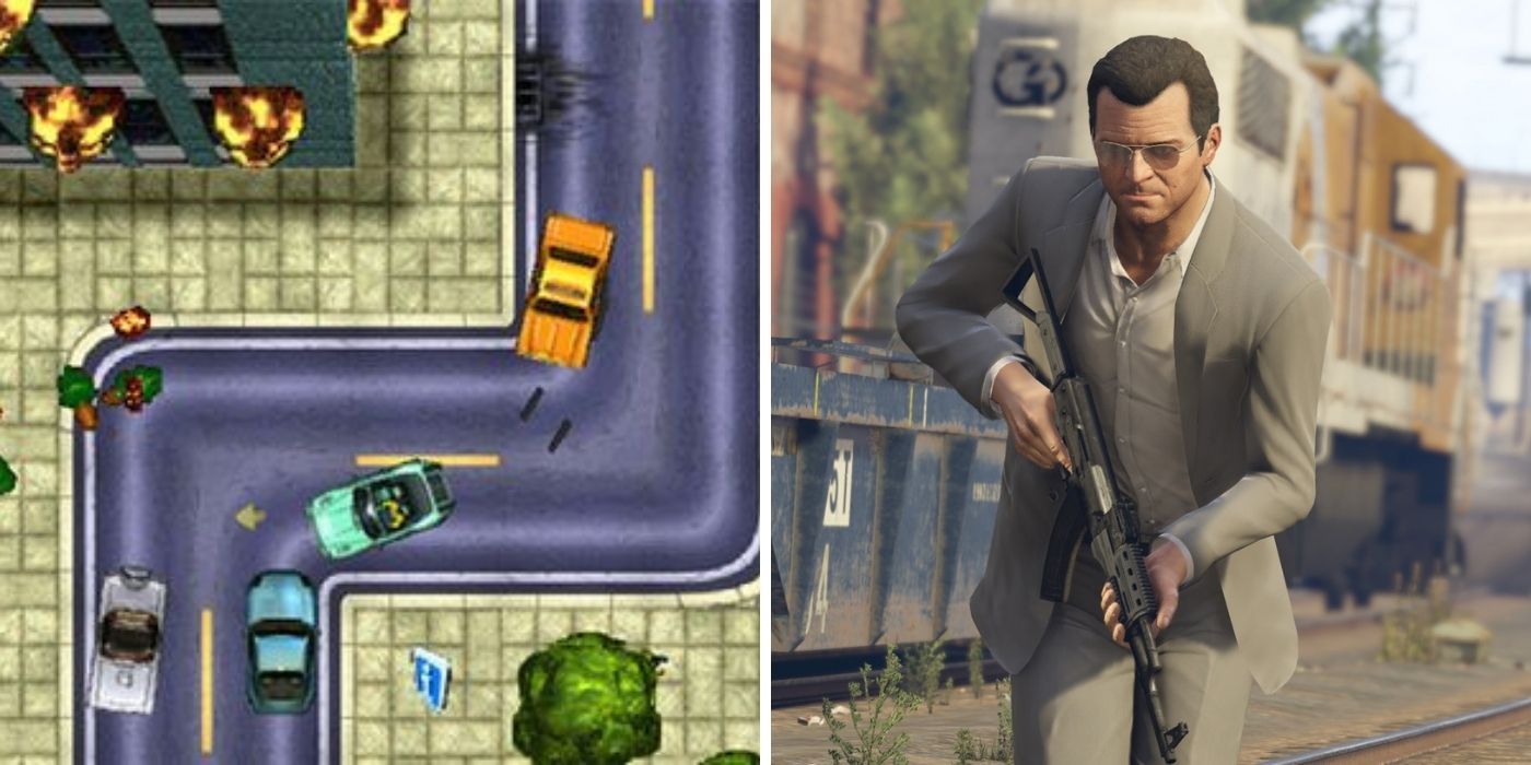 Screen shot of GTA 1 next to Micheal running away from a firefight in GTA 6