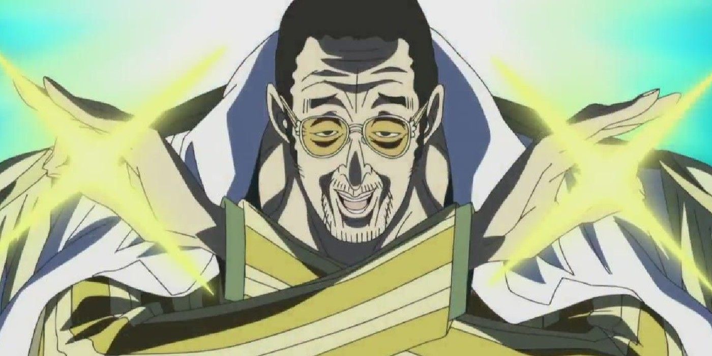 Kizaru prepares to attack the Worst Generation with the Glint-Glint Fruit during One Piece's Sabaody Archipelago Arc.