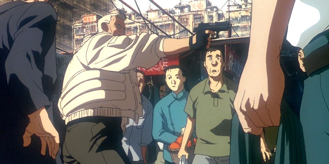 Ghost in the Shell _ Batou draws his weapon in pursuit of a suspect at a market