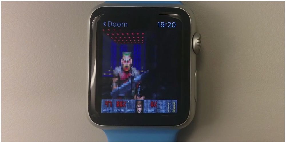 A screen of gameplay for Doom on the Apple Watch