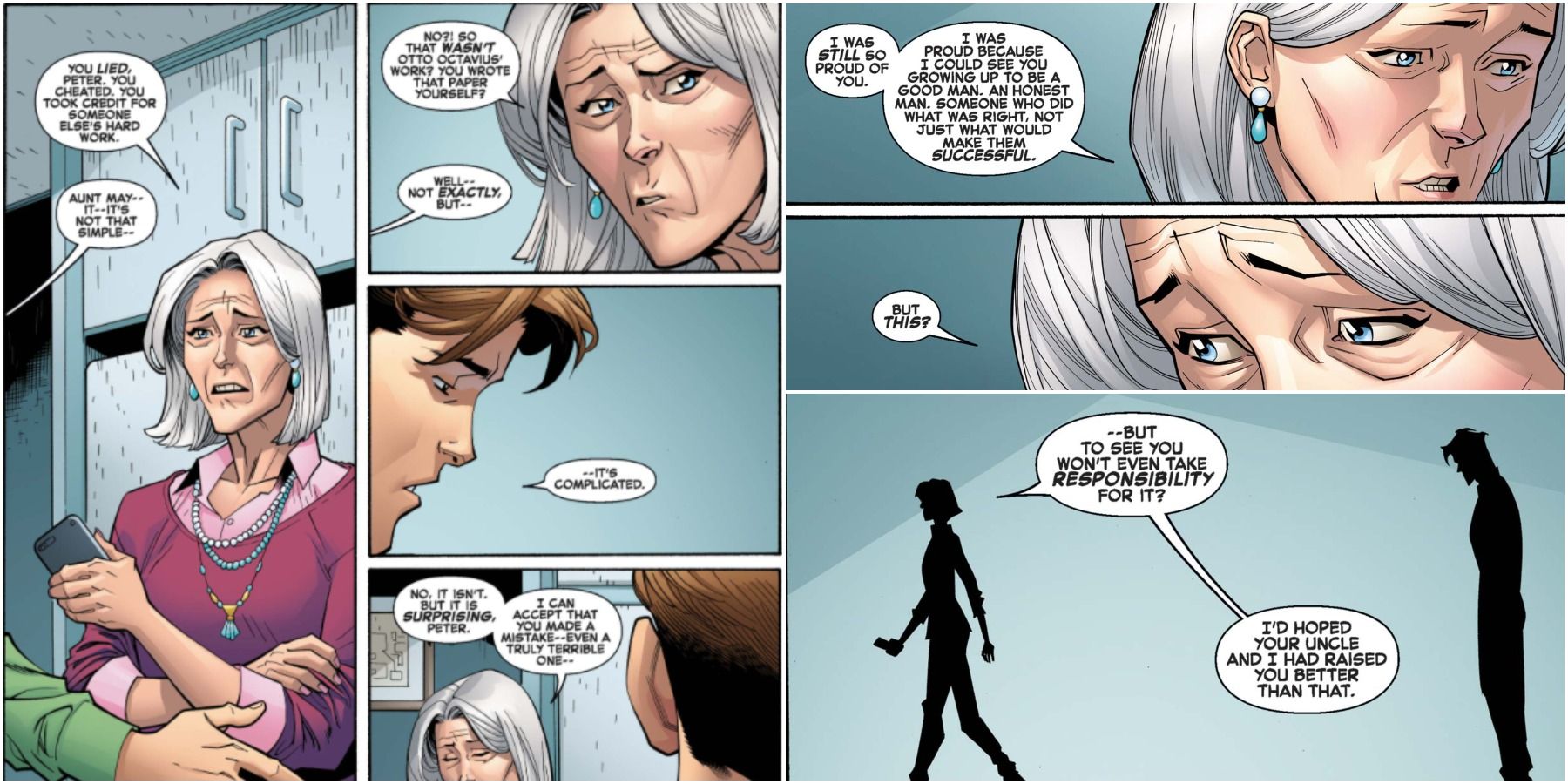 Aunt May expressing disappointment in Peter after hearing of his plagiarized doctorate degree