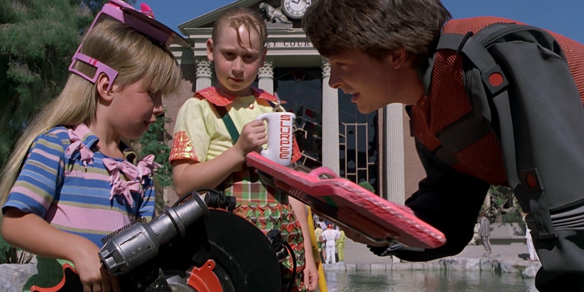 Back to the Future 2 Marty Talking To Kids Holding A Hoverboard