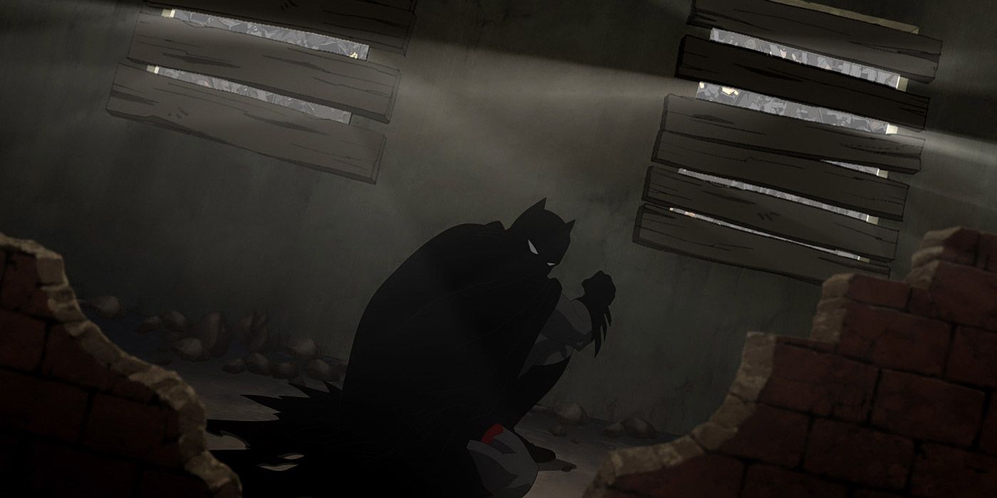 A silhouetted Batman investigating a crime scene