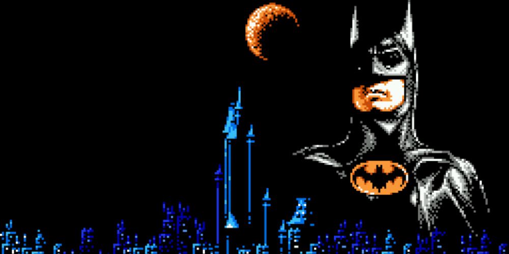 A screenshot of the Batman video game for the NES with Batman and Gothan City