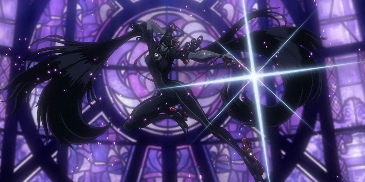 Bayonetta attacking in front of clocktower in anime