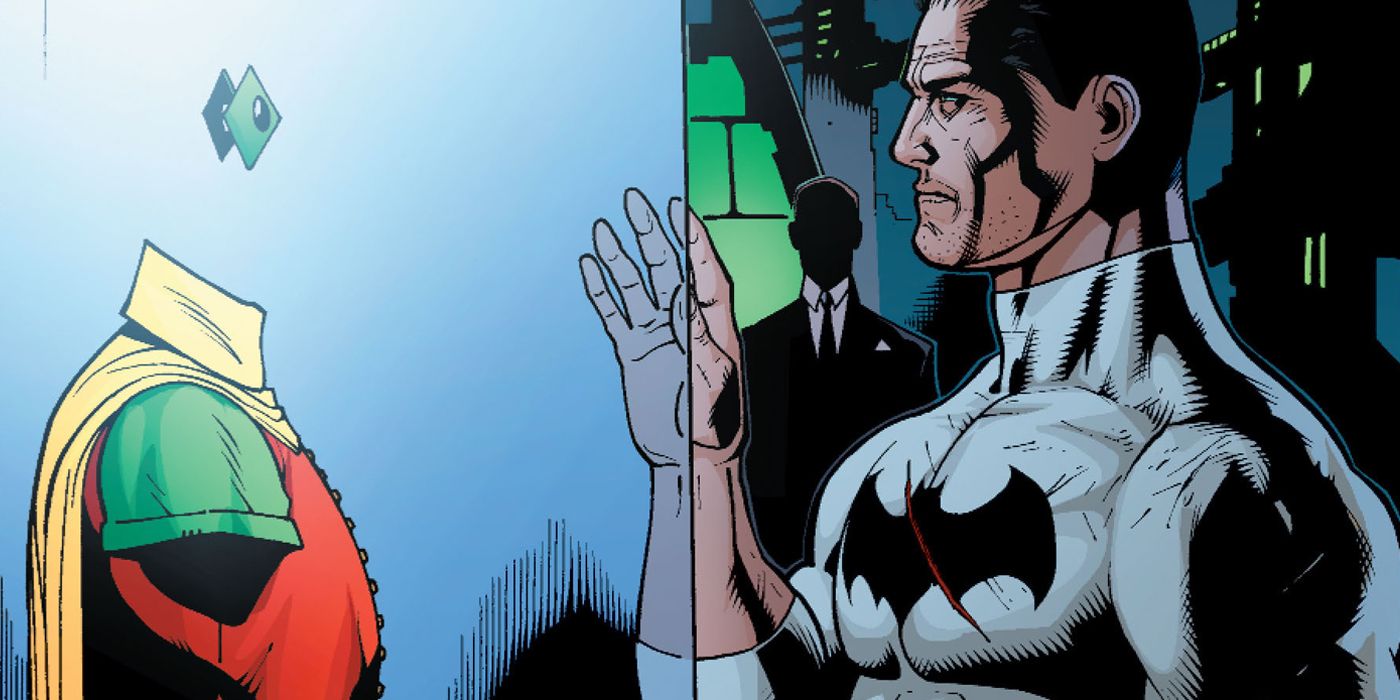Bruce Wayne looking at Jason Todd's Robin costume