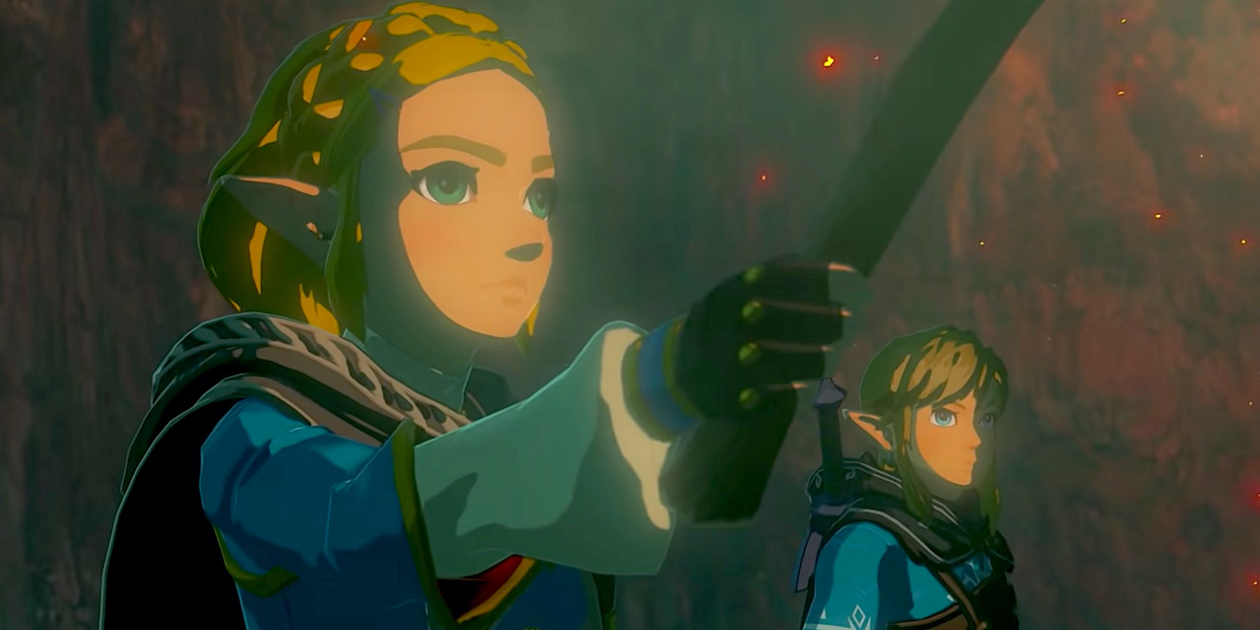 Zelda, wearing practical light blue traveling clothes and with her hair in a crown braid, holding up a torch.