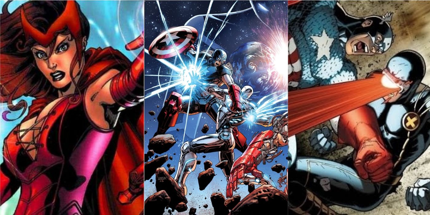 a split image featuring scarlet witch and two images of captain america fighting