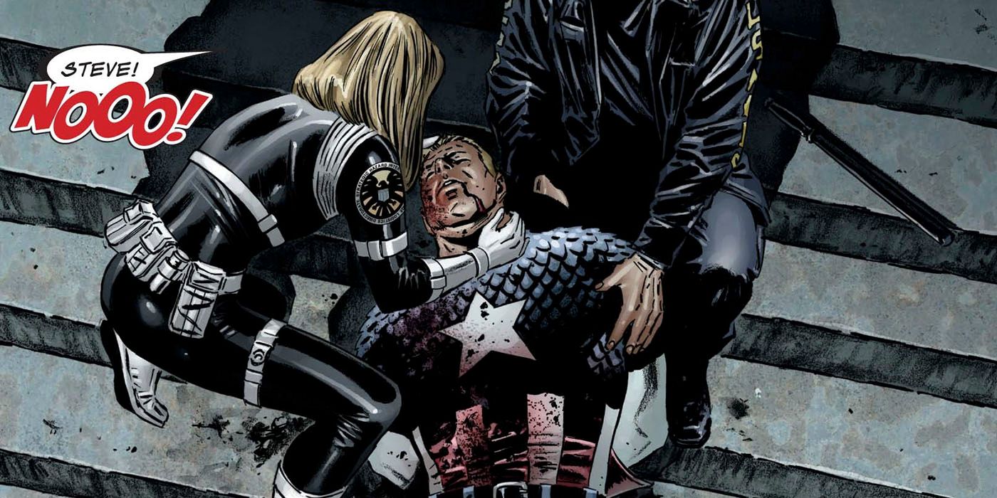 Steve Rogers in his Captain America costume lays on the steps of a courthouse, bleeding heavily and passed out. Sharon Carter and another SHIELD agent stand over him.