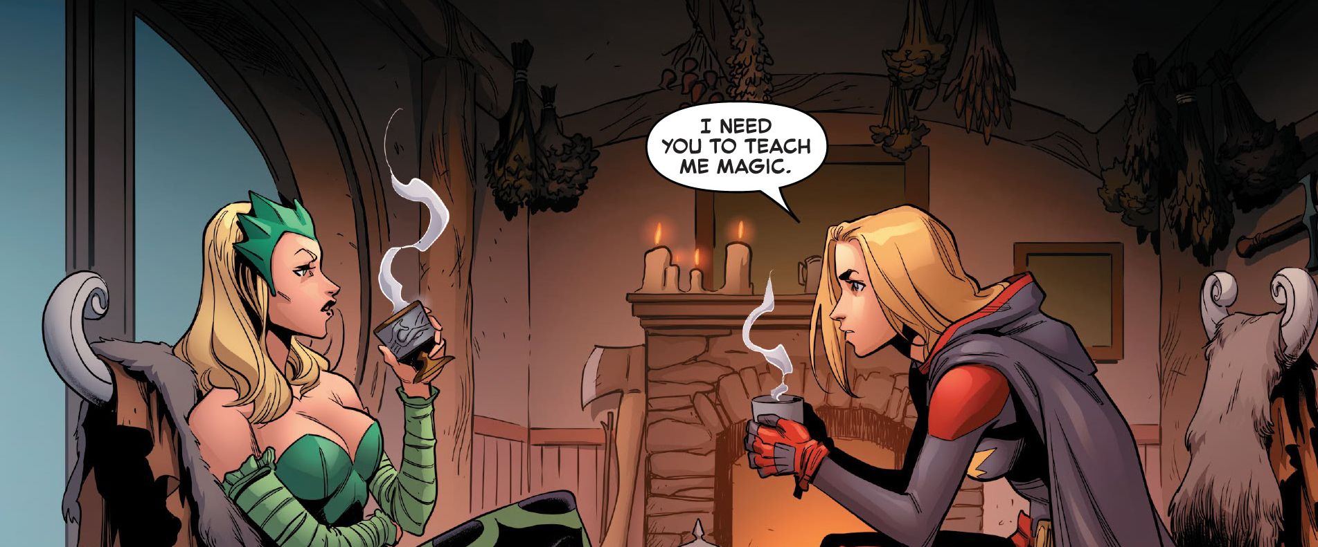 Captain Marvel asks Enchantress to teach her magic