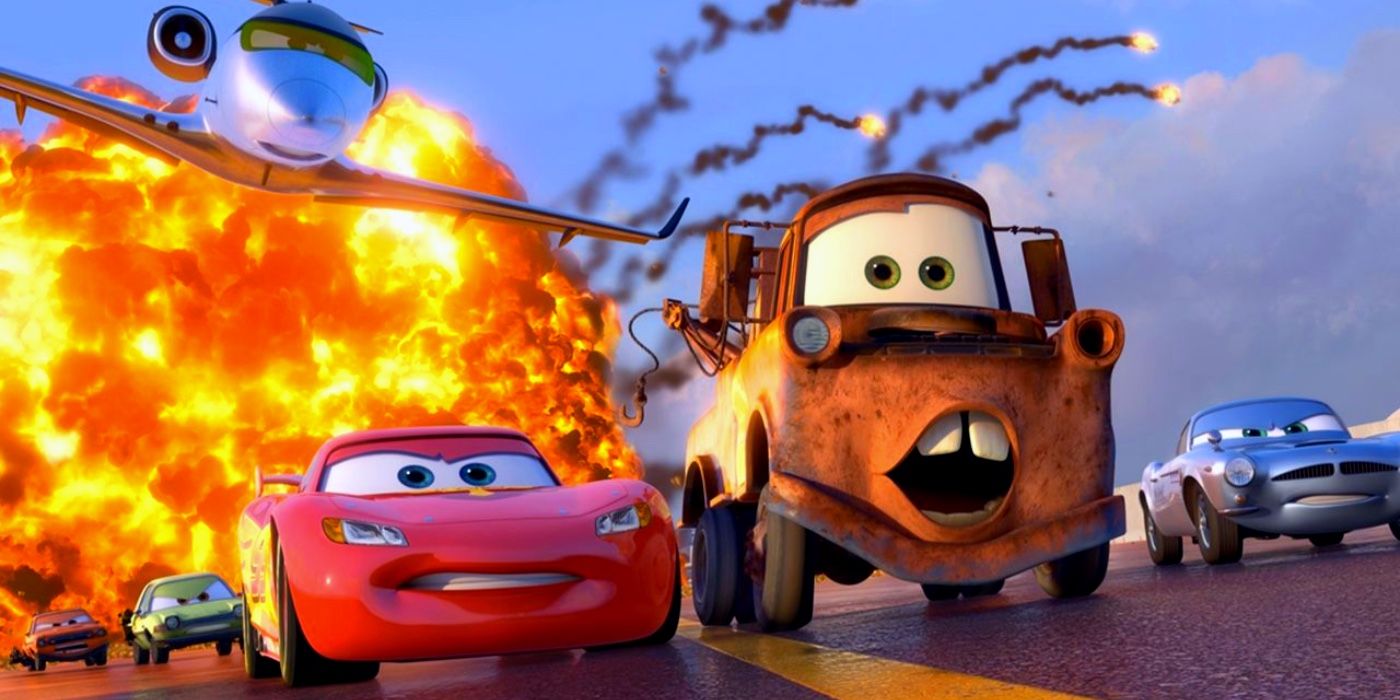 Cars 2 Lightning and Mater drive away from explosion