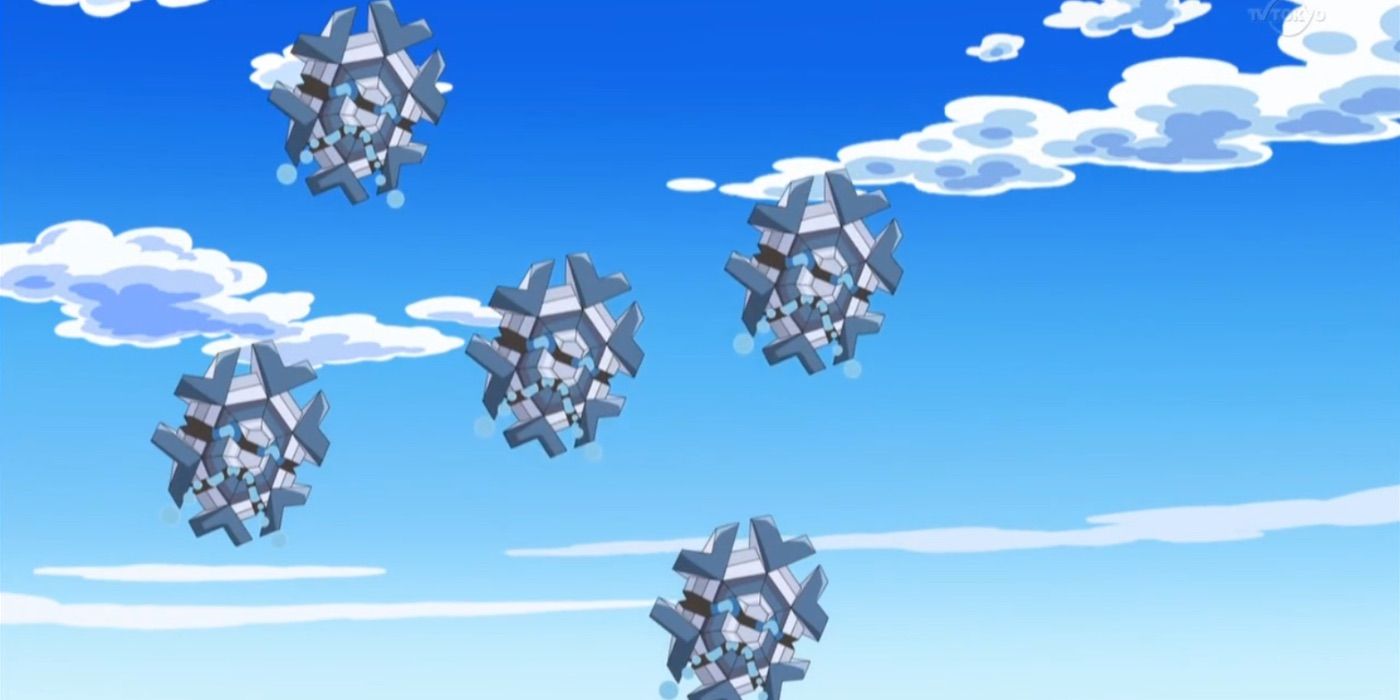 a group of Cryogonal in the sky, as seen in the Pokemon anime